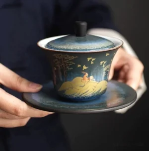 Full 3-piece set of 5oz modern hand-painted blue golden deer gaiwan ceramic lidded tea bowl