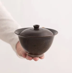 Full view of 6oz handcrafted black rustic ceramic gaiwan with lid and base