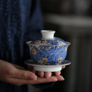 Handcrafted blue starry sky gaiwan tea set full view on wooden table