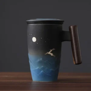 13.5oz ceramic tea mug with infuser lid and wooden handle full product view
