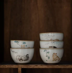 Collection of different kawaii cat hand painted Japanese chawan tea cups