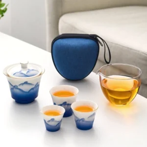 Complete portable travel gaiwan tea set with blue landscape pattern and travel case