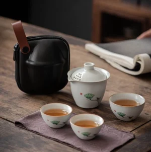 Complete portable travel gaiwan tea set with black carrying bag, all pieces displayed