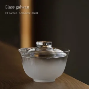 Profile view of 6oz frosted gradient glass gaiwan, modern Chinese tea brewing vessel