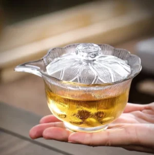 Handcrafted frosted glass gaiwan teapot with lotus design full product view