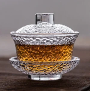 Full assembled hand hammered transparent glass gaiwan 4.2oz for traditional Chinese tea brewing