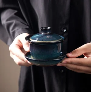 Full assembled handcrafted Jingdezhen blue green kiln glaze gaiwan tea set
