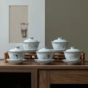 full set three-piece vintage hand-painted cat crackle glaze ceramic gaiwan