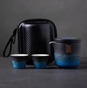 Full unboxed black blue gradient travel gaiwan tea set with teapot, two teacups and strainer
