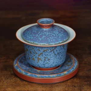 full view of handcrafted blue jun kiln gaiwan 5.4oz traditional chinese tea set