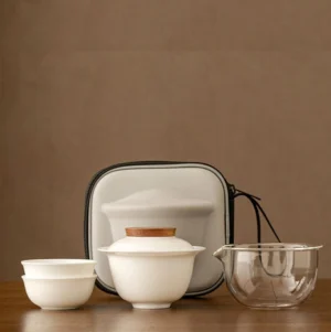 Full view of complete portable travel gaiwan tea set with carrying case