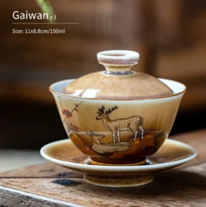 Full view of hand-painted deer and plum ceramic 5oz gaiwan tea set