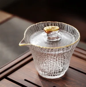 full view of handcrafted hammered glass gaiwan teapot with gold trim 5oz