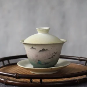 Full view of hand-painted landscape 5oz ceramic Chinese gaiwan
