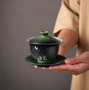 Full set black green gradient moon deer porcelain gaiwan with bowl lid and saucer