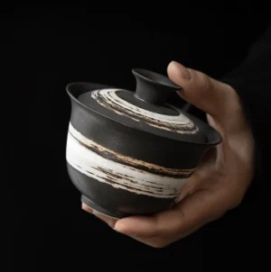 Handcrafted black and white striped ceramic gaiwan full view