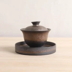 Full view of handcrafted dark ceramic 4.4oz Gaiwan 3-piece Chinese tea set with lid