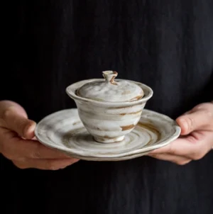 Handcrafted Japanese clay gaiwan three-piece lidded tea set full view