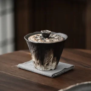 Handcrafted textured lotus lid gaiwan tea bowl with tree bark pattern