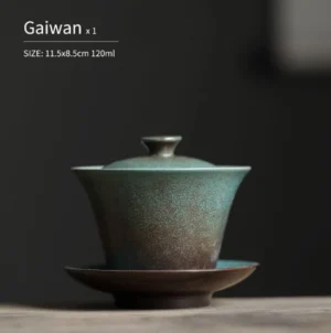 Full set view of handcrafted mottled green ceramic gaiwan 4oz traditional Chinese tea set