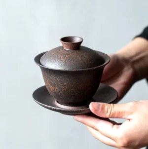 handcrafted 6oz rustic brown ceramic gaiwan with traditional speckled texture, complete 3 piece Chinese tea brewing gaiwan
