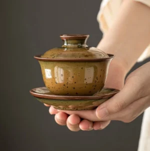 Hand holding speckled gongfu gaiwan traditional Chinese tea set