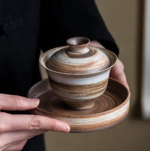 Full set of handcrafted textured white clay gaiwan 3.4oz with bowl lid and saucer