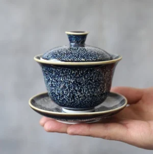 full set view of handcrafted deep blue Jian Zhan Gaiwan with glaze texture
