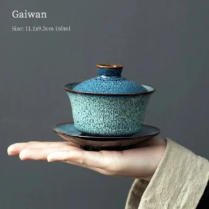 Handmade blue Jianzhan gaiwan three-piece tea set front view