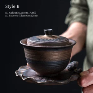 Handmade rustic ceramic gaiwan style B with bronze glaze and lotus lid knob