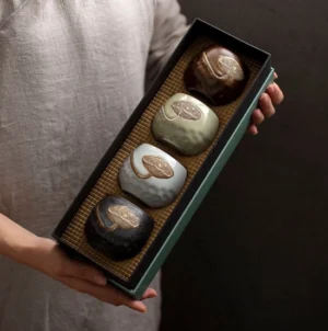 Gift boxed handpainted embossed lotus ceramic chinese tea cups set 160ml