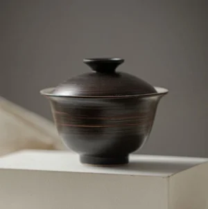 Full product view of handcrafted Japanese black clay gaiwan 4.7oz