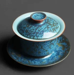 Full set view of handcrafted Jun Yao blue gold crystalline glaze gaiwan tea set