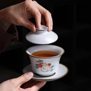 Group view of complete kawaii cat ceramic gaiwan tea set with multiple pattern styles