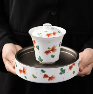 Hand decorated koi fish ceramic gaiwan with red fish and gold rim detail