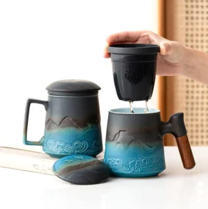 large 15oz ceramic tea mug with infuser and lid collection showing different styles