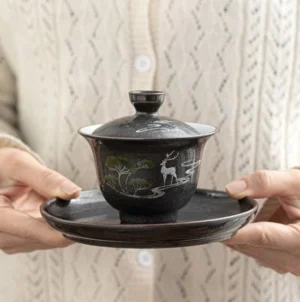Full modern deer hand-painted black glaze gaiwan tea set full view