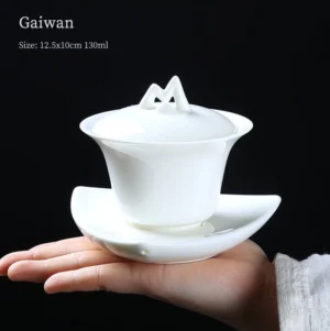 modern white porcelain gaiwan with mountain shape lid knob front view