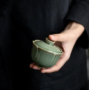Full view of handcrafted petal-shaped Longquan Celadon 3.7oz gaiwan