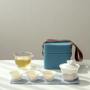 Portable travel gaiwan tea set style a open in blue carrying case