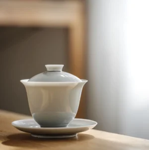 Complete light grey Ru Kiln gaiwan tea set with gaiwan, teacups, fair cup, tea caddy and tea tray