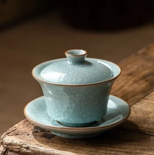 Full view of traditional Chinese Ru Yao celadon cracked glaze gaiwan tea set