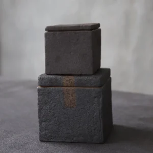Square matte ceramic tea container with tan accent band, large size