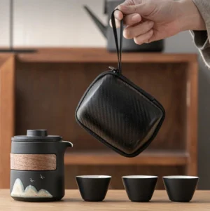 complete open travel gaiwan tea set with ceramic gaiwan teapot three cups tea towel and carrying bag