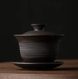 Full view of complete 6.4oz vintage deep brown handcarved gaiwan with lid, bowl and saucer