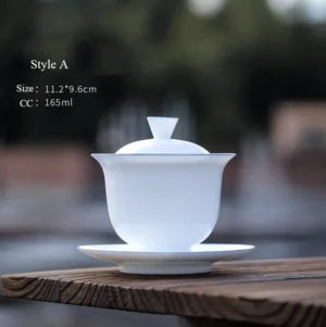 Vintage white gaiwan with blue rim style A 165ml on wooden table